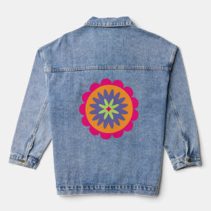 orange and pink floral shapes illustration denim jacket