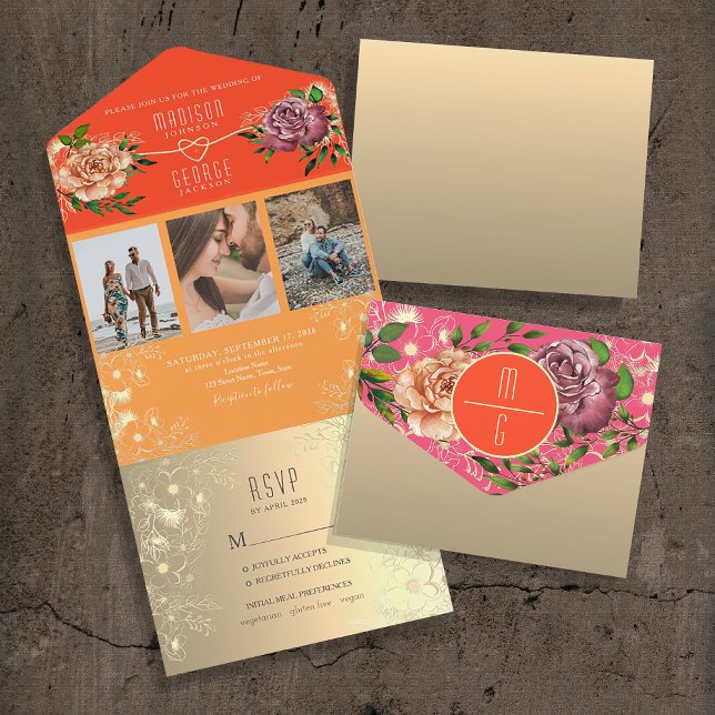 Orange and Pink Floral Wedding All In One Invitation (Creator Uploaded)