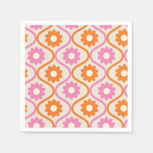Orange and Pink Flowers on Mid Century Ogee  Napkin