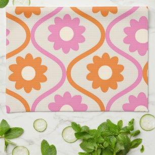 Orange and Pink Flowers on Retro Ogee  Tea Towel
