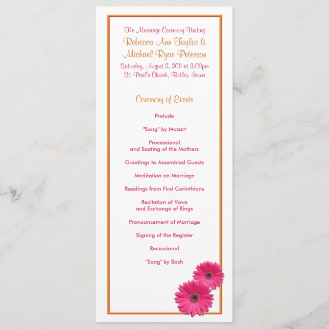 Orange and Pink Gerbera Daisy Wedding Program Programme (Front)