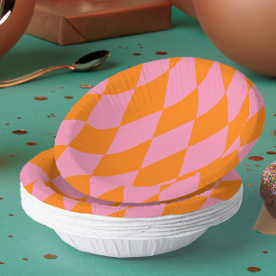 Orange and Pink Harlequin Checkered Design Paper Plate