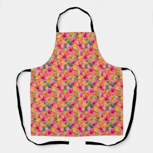 Orange and Pink Hibiscus Flower with Green Leaves Apron