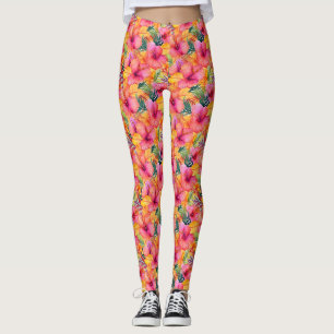 Orange and Pink Hibiscus Flower with Green Leaves Leggings