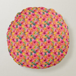 Orange and Pink Hibiscus Flower with Green Leaves Round Cushion