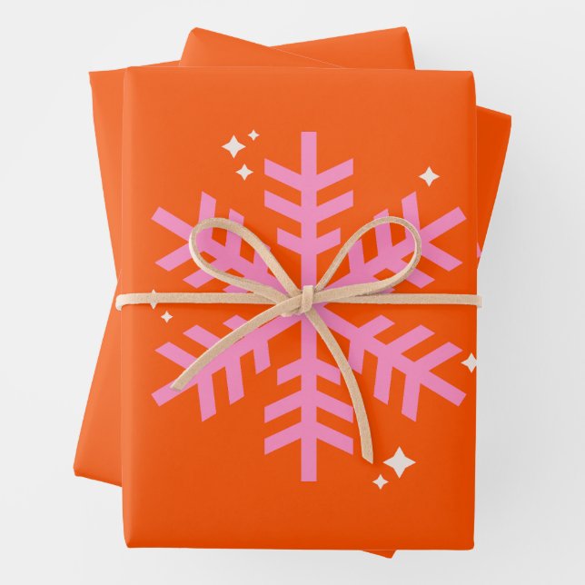 Orange and Pink Holiday Snowflake Christmas Wrapping Paper Sheet (In situ)