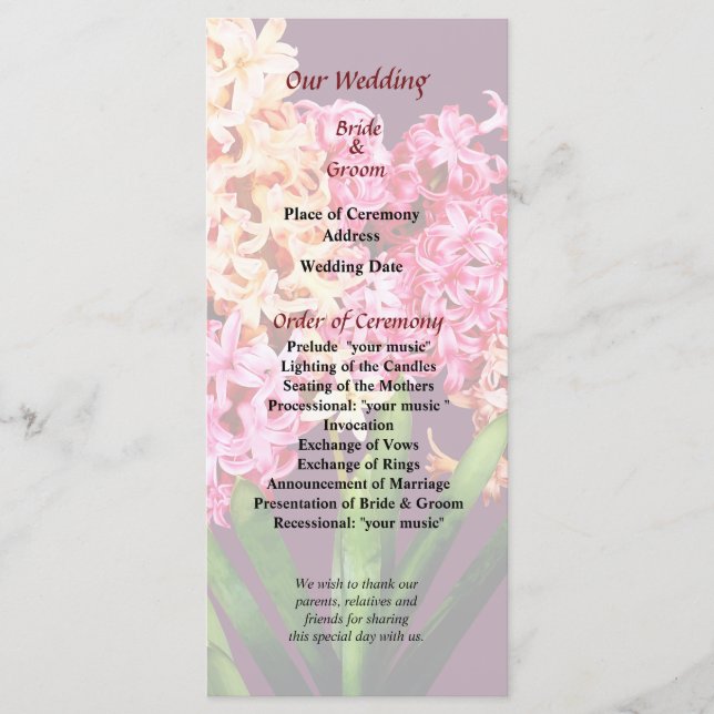 Orange and Pink Hyacinths Wedding Program Programme (Front)