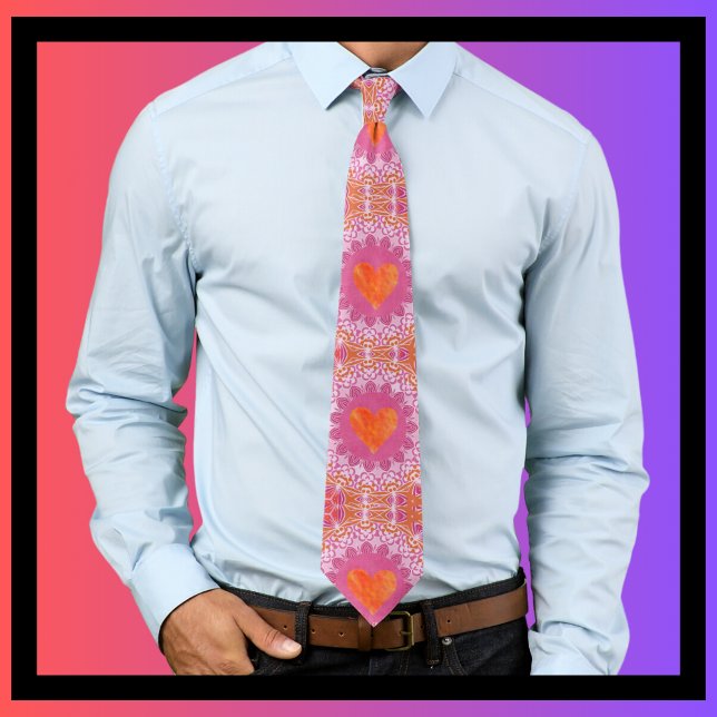 Orange and Pink Mandala Pattern with Hearts  Tie (Creator Uploaded)