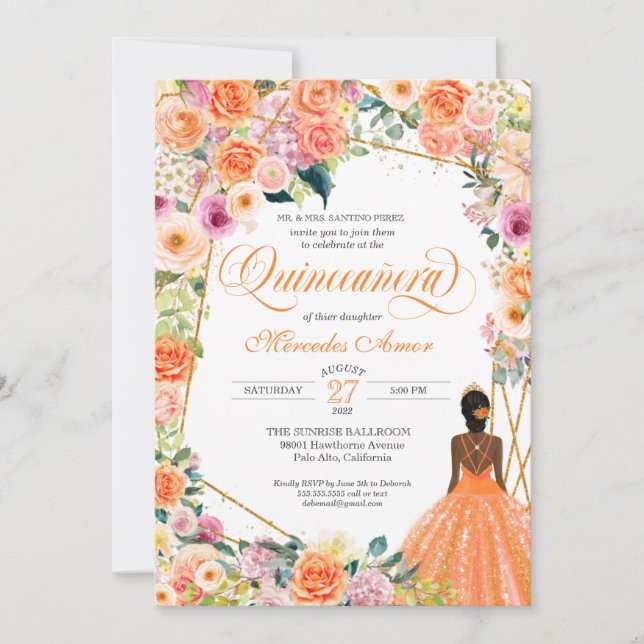 Orange and Pink Roses Peach Floral Quinceanera Invitation (Front)