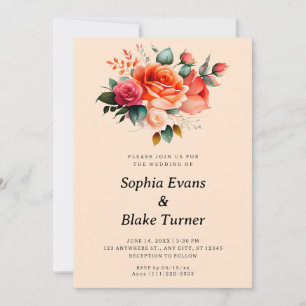 Orange and Pink Roses Yellow Floral Wedding Invitation