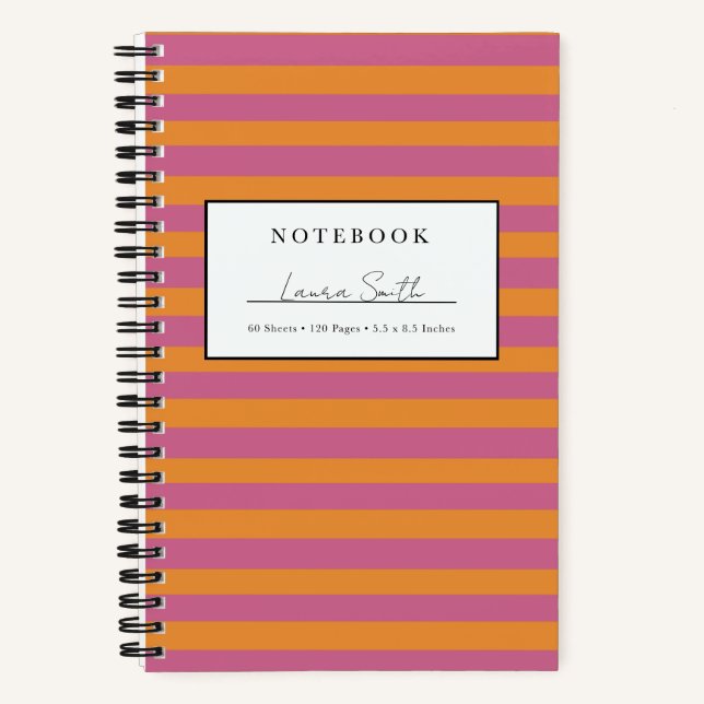 Orange And Pink Striped Personalised Notebook (Front)