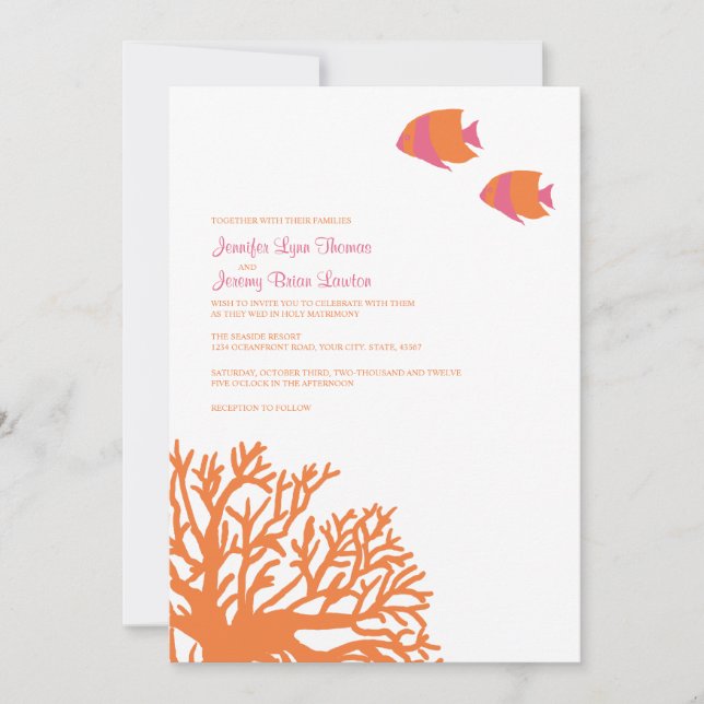 Orange and Pink Tropical Coral Wedding Invitation (Front)