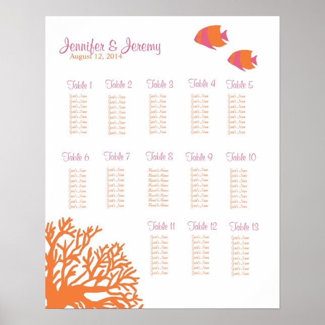 Orange and Pink Tropical Fish Seating Chart (Front)