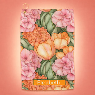 Orange and Pink Tulip Flowers Personalised Golf Towel