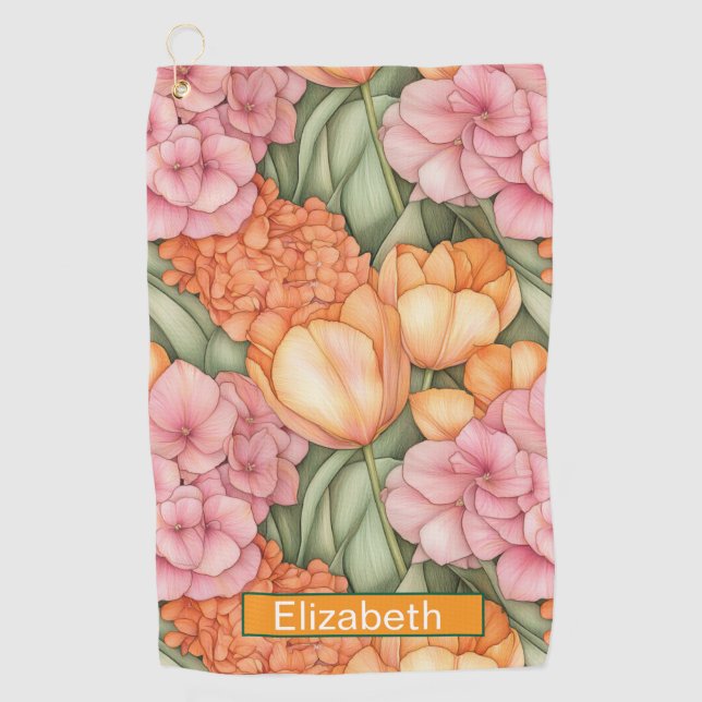 Orange and Pink Tulip Flowers Personalized Golf Towel (Front)