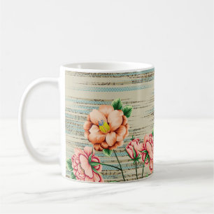 Orange and pink vintage flowers with green leaves  coffee mug