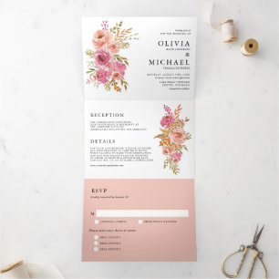 Orange and Pink Watercolor Autumn Flowers Wedding Tri-Fold Invitation