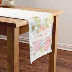 Orange and pink watercolor floral personalised short table runner
