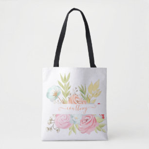Orange and pink watercolor floral personalised tote bag