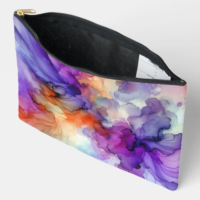 Orange and Purple Alcohol Ink Abstract Accessory Pouch (Open)