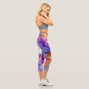 Orange and Purple Alcohol Ink Abstract Capri Leggings