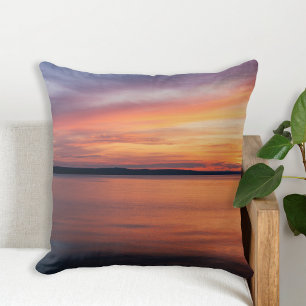 Orange And Purple Evening Sunset Over Lake Photo Cushion