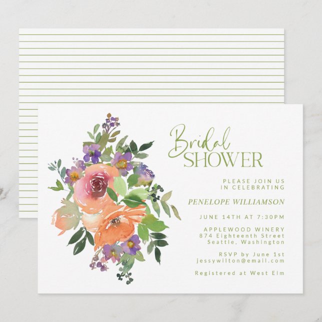 Orange and Purple Floral Watercolor Bridal Shower Invitation (Front/Back)