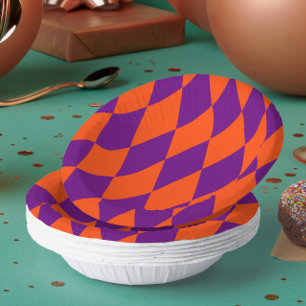 Orange and Purple Harlequin Checkered Design Paper Plate
