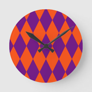 Orange and Purple Harlequin Checkered Design Round Clock