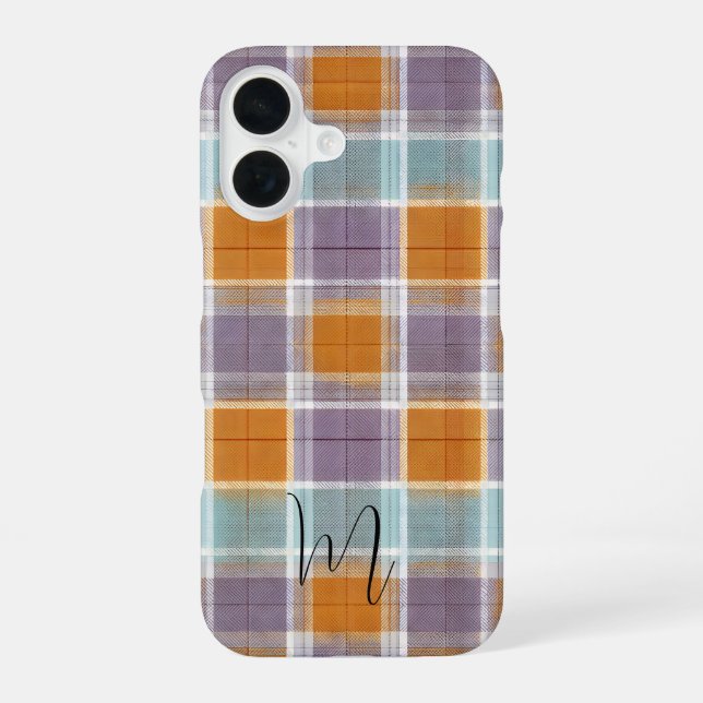 Orange and Purple Plaid Pattern Monogram iPhone 16 Case (Back)