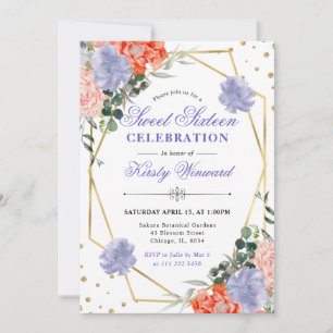 Orange and Purple Spring Flowers Frame Sweet 16 Invitation