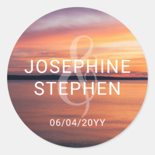 Orange And Purple Sunset Couple's Names Wedding Classic Round Sticker