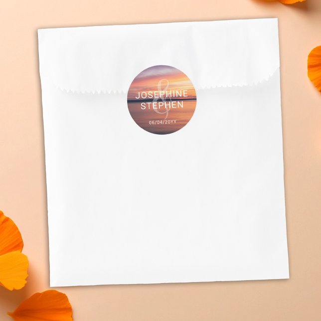 Orange And Purple Sunset Couple's Names Wedding Classic Round Sticker (Creator Uploaded)