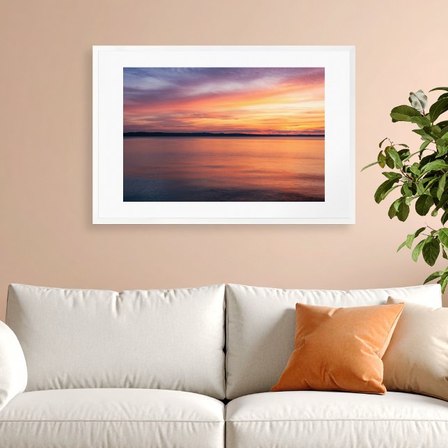Orange And Purple Sunset Over Lake Landscape Photo Poster (Please note: This image is a digital mockup. The product may not be in scale.)