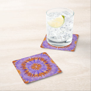 Orange and purple tiedye square paper coaster