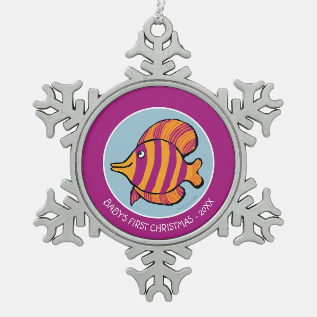 Orange and Purple Tropical Fish with Seahorses Snowflake Pewter Christmas Ornament (Front)