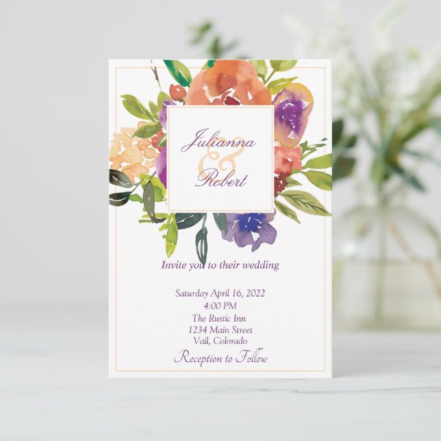 Orange and purple watercolor floral wedding invitation (Standing Front)