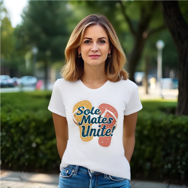 Orange and Red Flip Flops Fun Retro White T-Shirt (Flip flop inspired t-shirt. "Sole Mates Unite!".  Orange and red flip flops.)