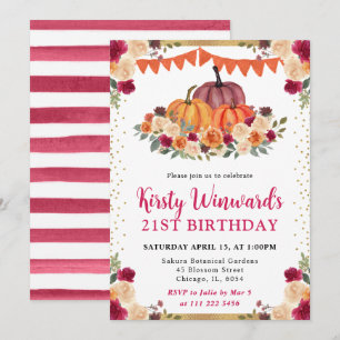 Orange and Red Floral Pumpkins Fall 21st Birthday Invitation