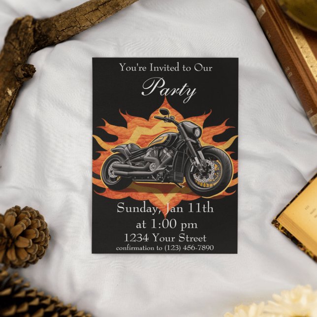 Orange and Red Motorcycle Flames Party Awaits! Invitation (Creator Uploaded)