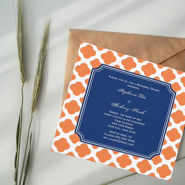 Orange and Royal Blue Quatrefoil Rehearsal Dinner Invitation (Creator Uploaded)
