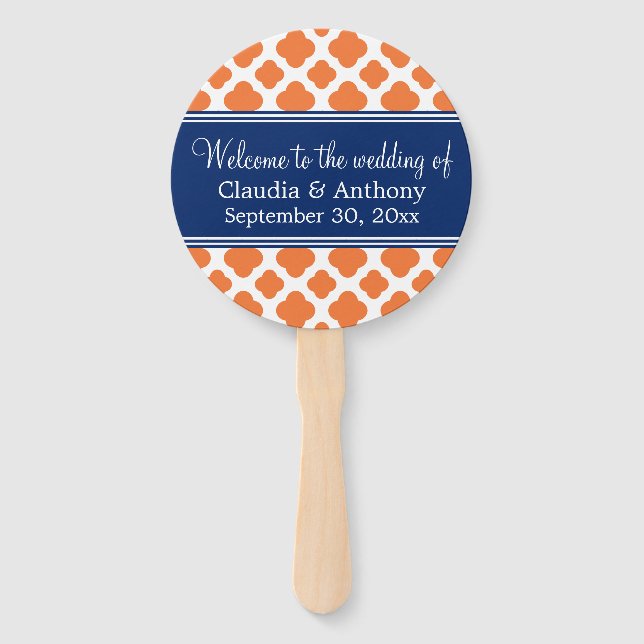 Orange and Royal Blue Quatrefoil Wedding Hand Fan (Front)
