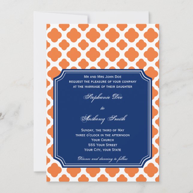 Orange and Royal Blue Quatrefoil Wedding Invitation (Front)