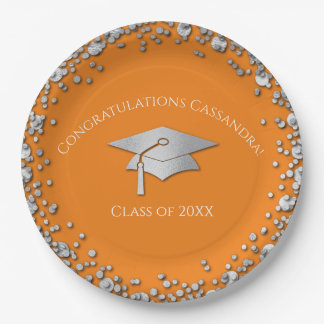 Orange and Silver Graduation Paper Plate