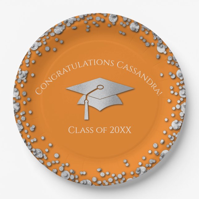 Orange and Silver Graduation Paper Plate (Front)
