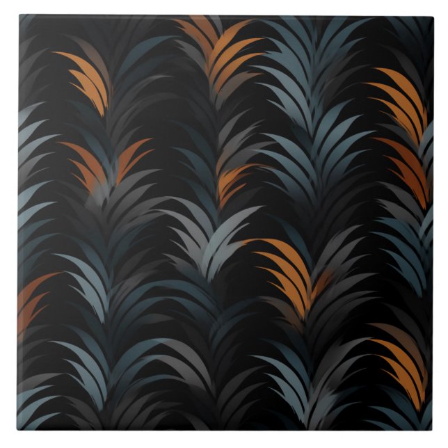 Orange and Slate Blue Art Deco Fronds Tile (Front)