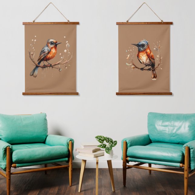 Orange and Tan Abstract Robin Couple Hanging Tapestry (Living Room)