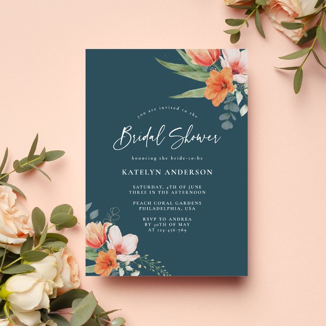 Orange and Teal Blue Spring Floral Bridal Shower Invitation (Creator Uploaded)