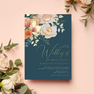 Orange and Teal Blue Spring Peach Floral Wedding