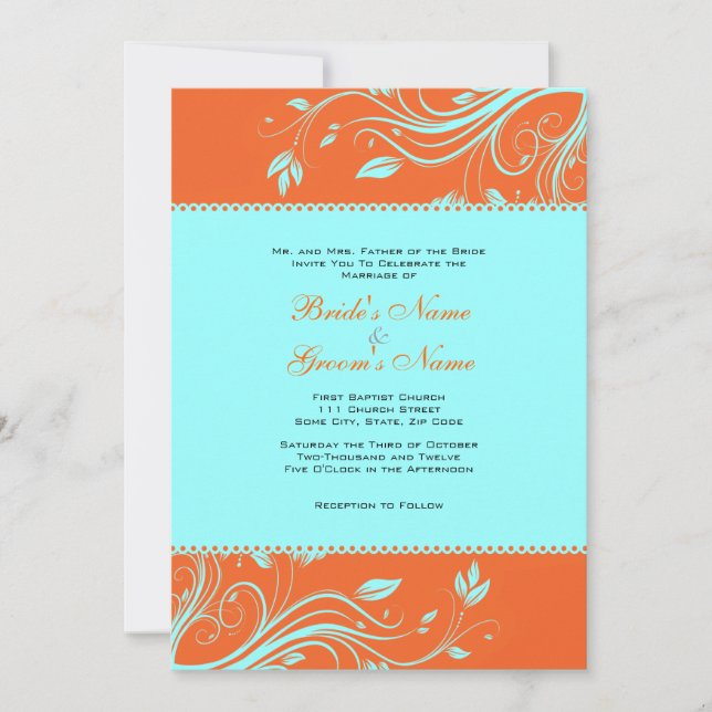 Orange and Teal Floral Swirls Wedding Invitation (Front)